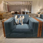 Hand-Forged Stainless Steel Sofa with Burl Wood Veneer & Handcrafted Gold Inlay